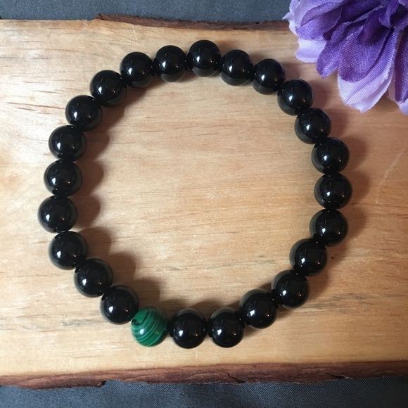 Couples bracelet set black jasper and malachite  beaded bracelet - Picture 2 of 7